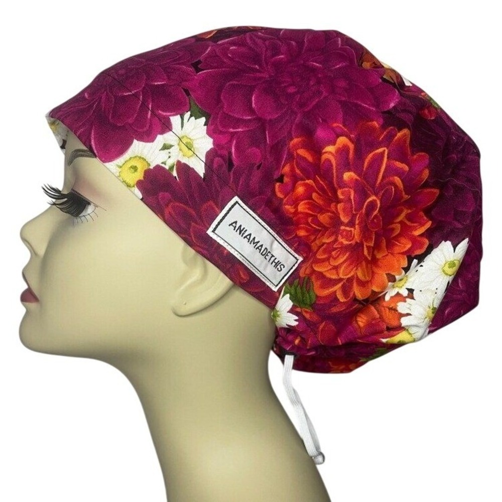 Floral Scrub Cap Adjustable Tie Back Surgical Bouffant Hat Magenta Dahlias